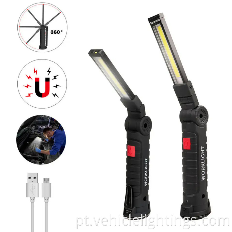 LED LED LED Luz de trabalho de 360 ​​graus Gire a inspeção de carros de borracha recarregável USB com lâmpada de trabalho com ímã e gancho